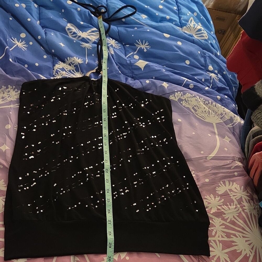Sol Women's Black Sequin Ring Accent Halter Tie Y2K 2000s Club Era Tank Top M